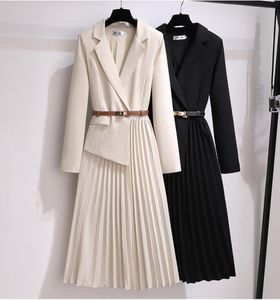 Vintage Pleated Belt Patchwork One Piece Blazer Dress Women Elegant Office Ladies Long Sleeve Notched Female Autumn Midi Vestido 2023