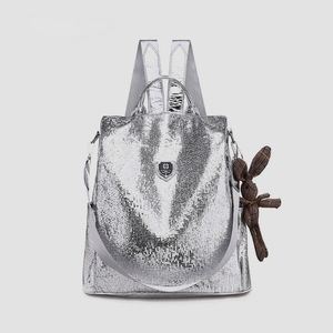 Sacos de escola topoishine 2022 mulheres casuais mochilas pu couro anti-roubo preto mochila meninas bolsa de ombro com urso preto / prata