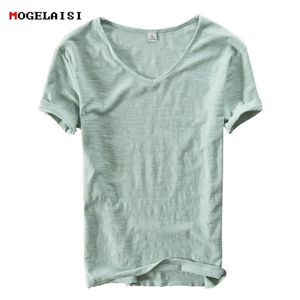 Summer Men linen cotton t shirt short sleeve Vneck breathable soft Loose Thin white tshirt men Asian size MXXXL 201 220623