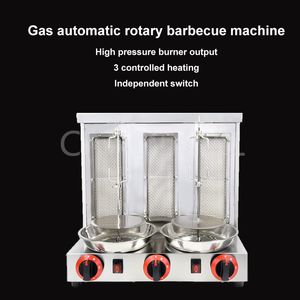 Automatische rotierende Gasgrillmaschine aus Edelstahl. Ausrüstung für die Lebensmittelverarbeitung. Kommerzieller türkischer Grillröster mit drei unabhängigen Schaltersteuerungen