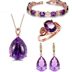 Earrings & Necklace Rose Gold Color Crystal Earring Ring Bracelet Jewelry Set Waterdrop Purple Choker For Women Girls Gift DropEarrings