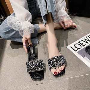 2022 Kadınlar Rhinestone Flip Flops Terlik Yaz Moda İncileri Düz Sandalet Kadın Konforlu Plaj Slaytları Sandalia De Mujer J220716