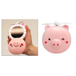 Hand Tools 3-in-1 Cute Piggy Cosmetic Mirror Fan LED Light USB Rechargeable Indoor Makeup Mirrores Fans with Light Foldable Pocket Mirrors Inventory Wholesale