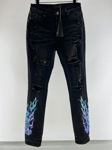 Designer de designer de motocicleta jeans Fashion Flame Bordery Hole Design Tight Lápis Men Jeans de roupas de luxo