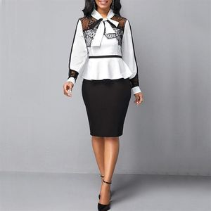Siyah Kilise Elbiseleri toptan satış-Kadınlar İçin Zarif Ofis Kilisesi Elbiseler Resmi Klas Beyaz Siyah Patchwork İş Elbisesi artı Boyut Boyut Midi290u
