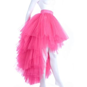 Skirts Pink High Low Tulle Skirt For Women Zipper Waist Asymmetric Adult Tutu Prom Tiered Party Gown REAL POSkirts