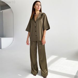 HILOC Solid Drop Sleeves Pyjamas Turn-Down Collar 2-Piece Set Women Pyjamas With Pants 2021 Spring V-hals Nattkläder Satin L220803