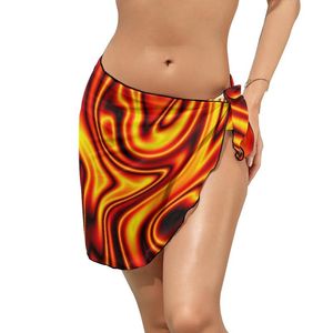 Women's Swimwear Thin Black Line Chiffon Beach Bikini Cover Up Fireball Print Cover-Ups Woman Pattern Wrap Skirts Summer Kawaii Swimsuit BiW