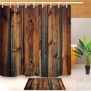 素朴な木製パネルブラウンプランクフェンスシャワーカーテンとバスマットセット浴槽用の防水ポリエステルバスルーム生地装飾210402