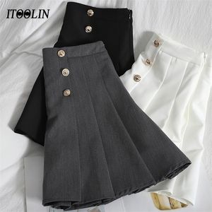 Itoolin Y2K Pileli Mini Etekler Kadın Düğme Yüksek Bel Okulu Kadın A-Line Jupe Femme Harajuku Siyah Tüm Maç Etek 220317