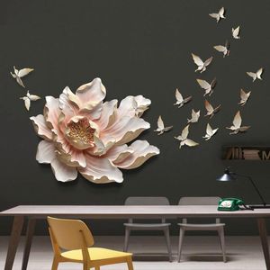 ウォールステッカー3Dステレオぶら下げ樹脂の花+蝶の家の装飾工芸品レストランEl Ornamentリビングルームソファ壁画の装飾