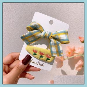 Hair Accessories 2 Pcs Childrens Fabric Lattice Bow Duckbill Clip Sweet Girl Princess Cute Embroidered Flowers Bb Headwear Drop Deliv Dhgvw