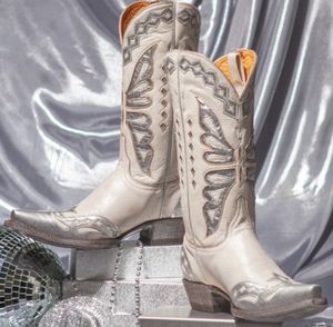 Female Western Boots Rhinestone Design Silver Bling Shoes Woman Pointed Toe Med Calf Boots Women Brand New Fashion Popular 2021 G220720