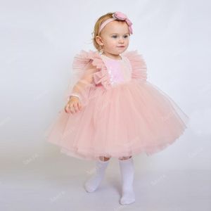 Geschwollenes Baby Rosa Ballkleid großhandel-Mädchenkleider Amaya Pink Tüll Baby Blume Mädchen Langarm Ballkleid Rücken Bow geschwollen