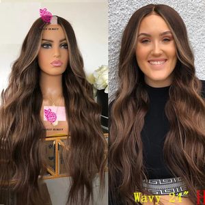 Glueless Highlights Chocolate Brown V Part Wigs 100% Human Hair Obearbetad Honey Golden Blonde U Shape Ingen Full Spets Wig End Full Machine Made