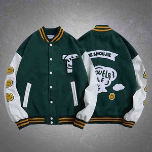 Hip Hop Smile Face Letters Embroidery Patchwork Baseball Jacket Mens Harajuku Loose All-match PU Sleeve Bomber Jackets Couples T220728