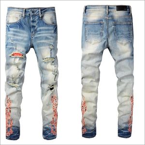 Rose Embroidery Jeans High Quality Fashion Blue Black Ripped Male Tide Slim Pants#076
