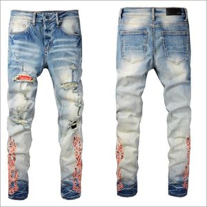 Rose broderi jeans högkvalitativa mode blå svart rippade manliga tidvatten smala byxor # 076