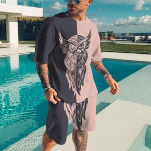 Homem de verão camiseta conjunto praia oversized tracksuit coruja 3d impresso designer manga curta roupas personalizadas retro moda tee 220615