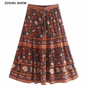 Bohemian Stream Flower Print Long Skirt Stitching Ruched Ruffle Hem Holiday Women Lacing up Stream Waist Swing Skirts Beach 210311