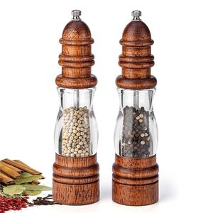 Wooden Salt Pepper Set Wood and Acrylic Mills Adjustable Coarseness Ceramic Grinder Cooking Kitchen Tools 8 Inch 220524