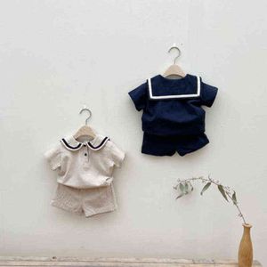 2022 Sommar Ny baby Kort ärmkläder Set Infant Girl Navy Collar T Shirt   Shorts Set Cotton Kid Outfits Baby Boy 2pcs Suit G220509