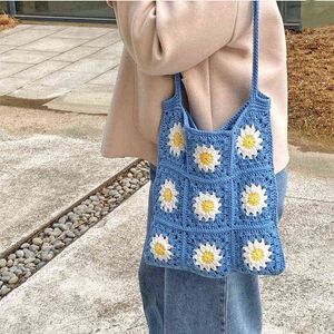 Casual Sunflower Crochet Women Shoulder Bags Knitted Granny Tote Bag Handmade Woven Handbags Summer Beach Shopper Purses 220801