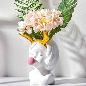 Weiße Harzvase Blumentopf Nordischer Stil Netter menschlicher Kopf Blumenvasen Korb Stift Pinselhalter Home Dekoration 210409