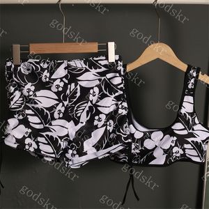Flower Pattern Swimwear Womens Bikini New Ladies Tank Top Swim Shorts Set Retro Swimsuit Two Colors