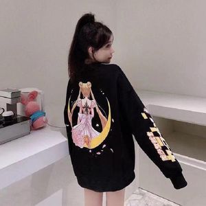 Women's Hoodies & Sweatshirts Ins Anime Hoodie Kawaii Long Sleeve Crewneck Sweatshirt Cartoon Print Loose Plus Size Women Clothing 3XL Black