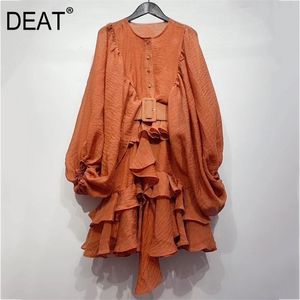 DEAT 2021 새로운 여름 패션 여성 의류 라운드 넥 랜턴 슬리브 주름 주름 단일 가슴 빈티지 드레스 벨트 WL846 210320