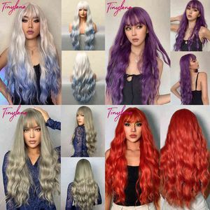 Purple Long Wavy Synthetic Wig with Bangs Cosplay Christmas Halloween Hair Two Tone Ombre for Women Deep Wave Heat Resistant 220622