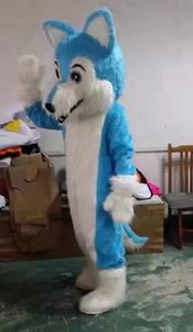 Cadılar Bayramı Maskot Kostümesadults Uzun Kürk Husky Köpek Maskot Kostüm Mavi Kurtlu Tilki Fursuit Karikatür Karakter Elbise