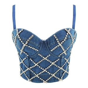 Fashion Corset Top with Diamond Denim Crop Sexy Glitter Party Club Rave Festival Clothing 220316