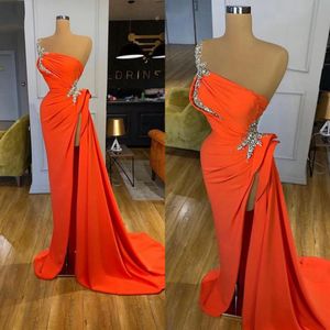 Wholesale floor length prom dresses resale online - Orange Evening Dress Long Formal One Shoulder Beaded with High Slit Arabic Dubai Women Prom Dresses Evening Gowns BC13146 B0417Q