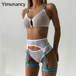 Yimunancy 3ピースメッシュブラジャーセット女性透明なカラーストラップ下着セット2色セクシーなランジェリーセット220513