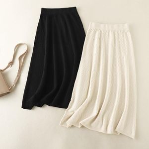 Skirts Women Soft Midi Long Black Knit Skirt Autumn 2022 Winter Solid Color A-line Knitted With Sweater High-waist For