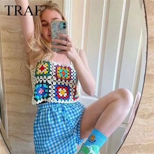 TRAF Women's Clothing Crop Top Handmade Hollow Out Crochet Plaid Flower Tanks Women Summer Knitted Multicolor Tops 220325