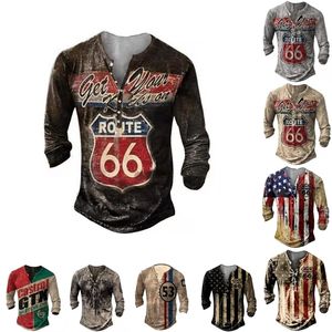 Spring Autumn Mens T-Shirt Long Sleeve Route 66 Print Button Tees Oversized Tshirts V-neck Pullover Plus Size Men Clothes 220323