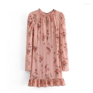 Vestidos casuais mulheres estilo francês estampa floral outono rosa mini chique feminino lance up colar high washod buffles vestido curto