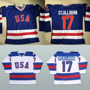 Mit # 17 Jack O'Callahan 1980 Miracle On Maglia da hockey su ghiaccio Uomo 100% ricamo cucito S Team USA Maglie da hockey Blu Bianco