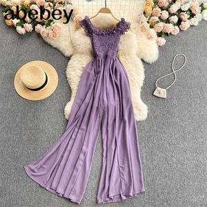 Mulheres coreanas Strap Rompers Sexy Sashes sem mangas Solid Sumlsuit Summer off Ombro Long Long Rompers 210715