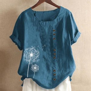 Women's Blouses & Shirts Elegant Dandelion Print Cotton Linen Shirt Casual Summer Women O-Neck Short Sleeve Ladies Pullover Top Fashion Stre