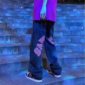 Jeans neri con stampa High Street Pantaloni a gamba dritta Y2K da uomo Pantaloni larghi stile hiphop a gamba larga 220718