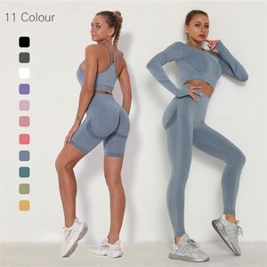 Dikişsiz Kadın Spor Seti Uzun Kollu Üst Yüksek Bel Göbek Kontrolü Spor Tayt Giysi Takım Elbise Seksi Ganimet Kızlar 220330