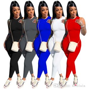 Casual Round Neck Jumpsuit sem mangas de alta cintura apertada esportes de uma peça calças maciço macacão