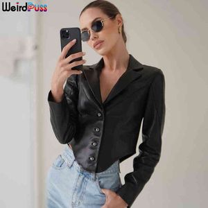Weird Puss Y2K Faux Leather Jackets Women Irregular Button Casual PU Crop Tops Long Sleeve Autumn Punk Style Streetwear Clothing L220728