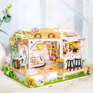 CuteBee DIY Dollhouse Kit Drewniane Domy Lalki Miniaturowe Zestaw Mebli Maszyny Casa Z Dust Osłona LED Zabawki Dla Dzieci Prezent Urodzinowy AA220325
