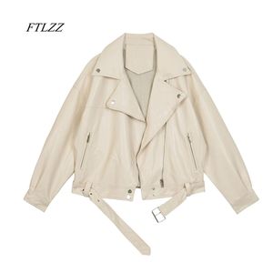 FTLZZ Spring Women Pu Leather Motorcycle Female con cintura tinta unita s Ladys Loose Casual Jacket 220810