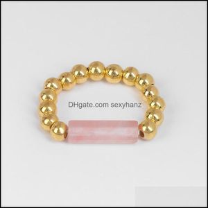 Band Rings Jewelry 4Mm Elastic Ring For Women Men Tube Shape Natural Stone Gold Beads Crystal Rose Quartz Bohemian Be Dhnyk